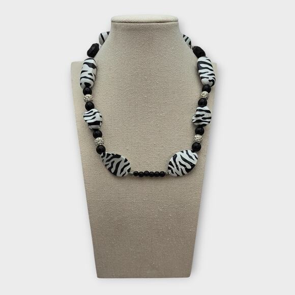 Zebra Print Beaded Statement Necklace – Black & White - Picture 3 of 8